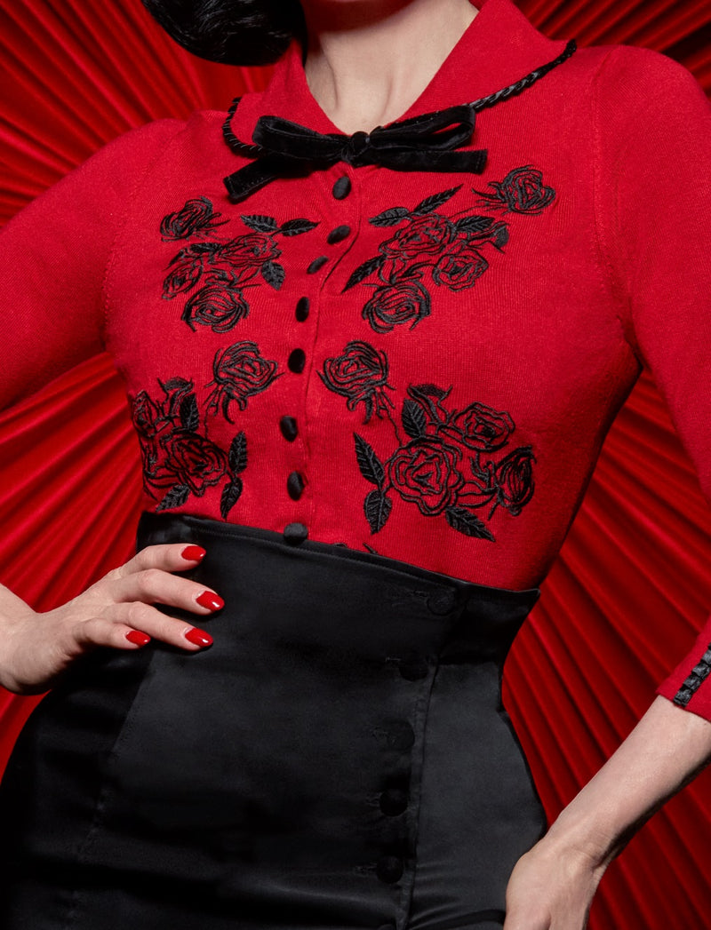 Dita Cardigan Red and Black Embroidery Wheels and Dollbaby