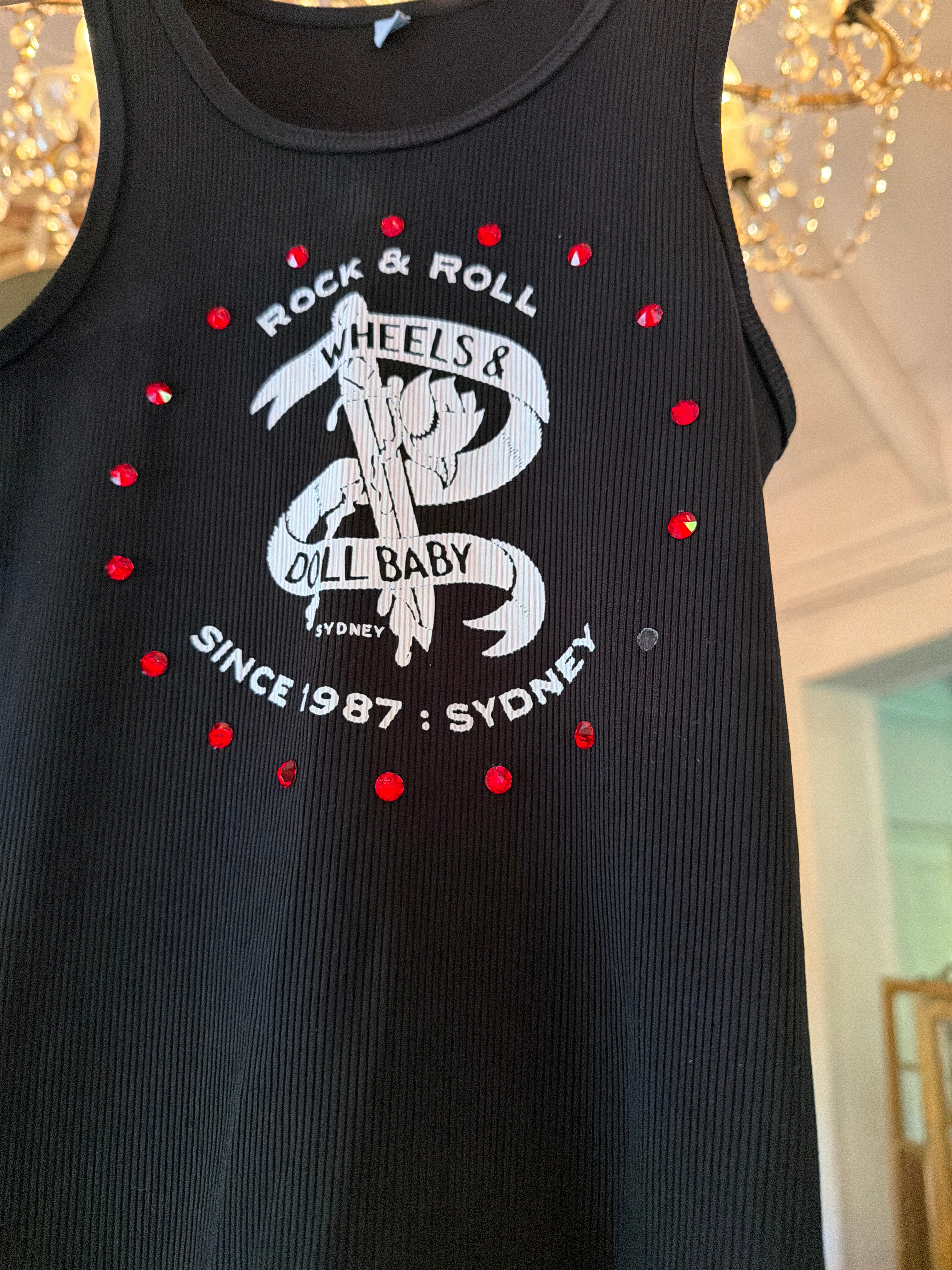 Garage Sale - Swarovski beaded since 87 singlet, one crystal missing size 8