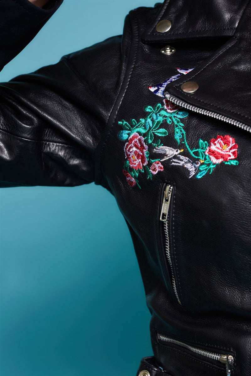 The Chinoiserie Embroidered Leather Jacket in Black