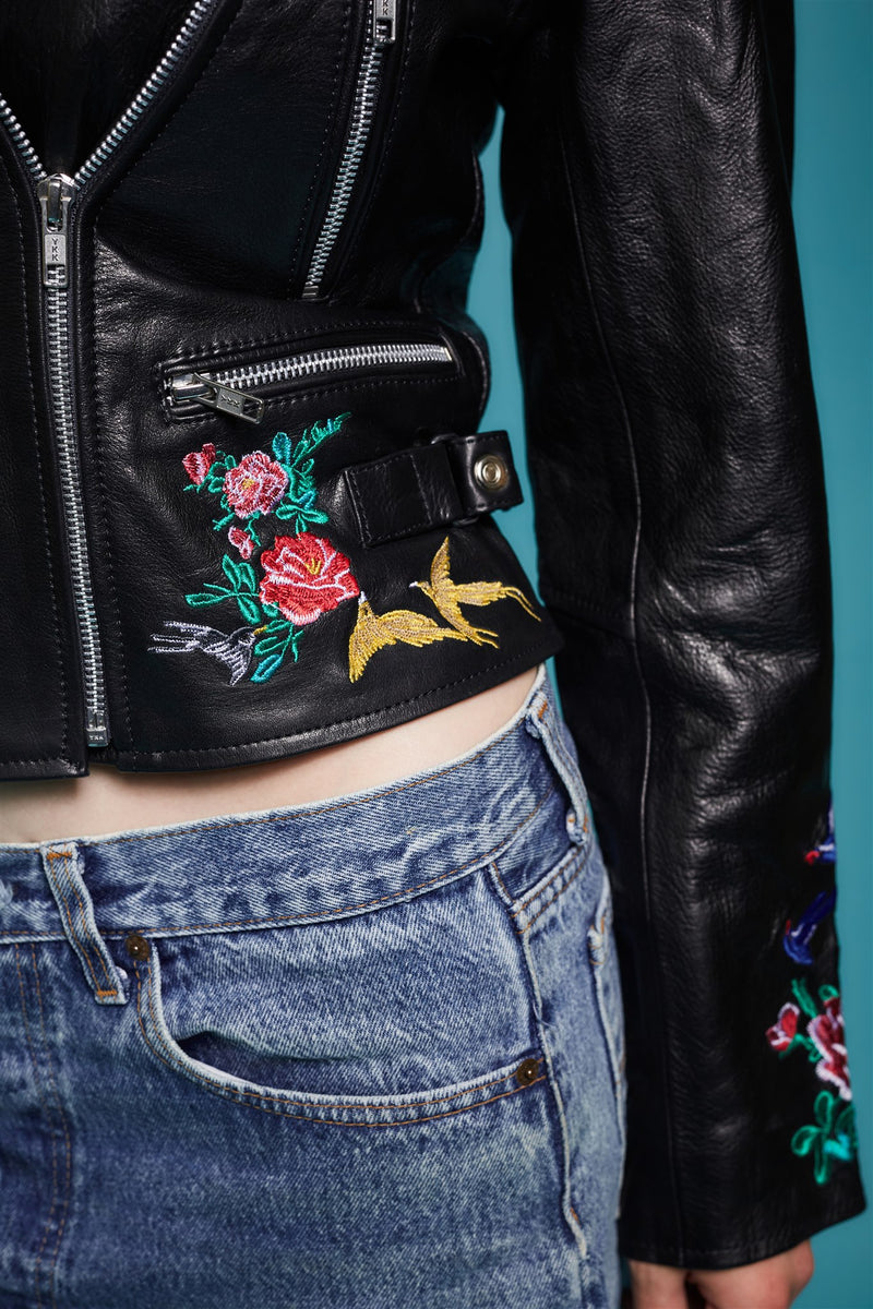 The Chinoiserie Embroidered Leather Jacket in Black
