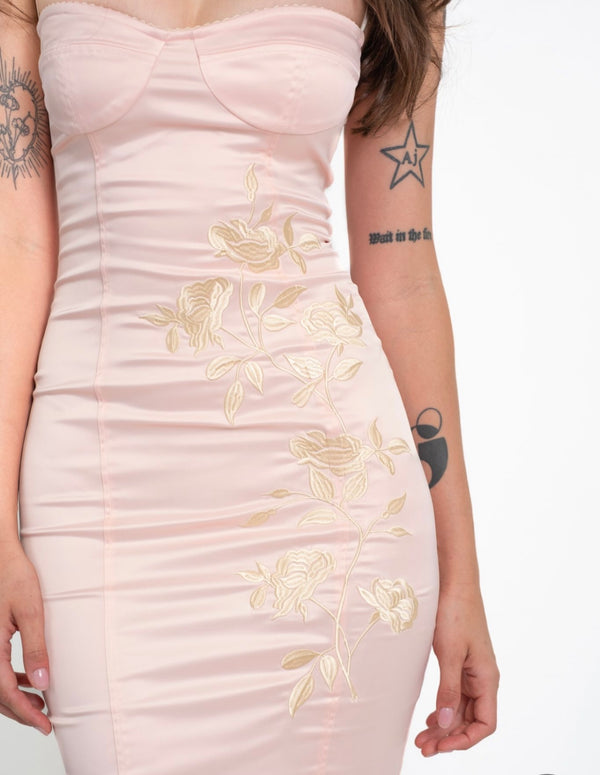 Satin Classic Bra dress with Embroidery Pink