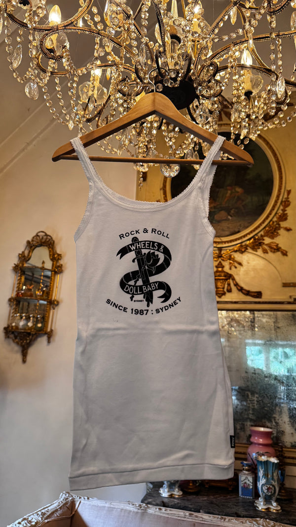 Garage Sale - Since 87 white singlet - slight ink mark Size 10
