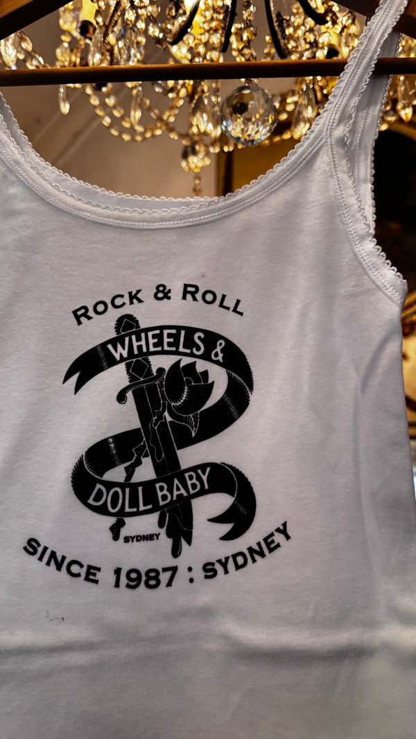 Garage Sale - Since 87 white singlet - slight ink mark Size 10