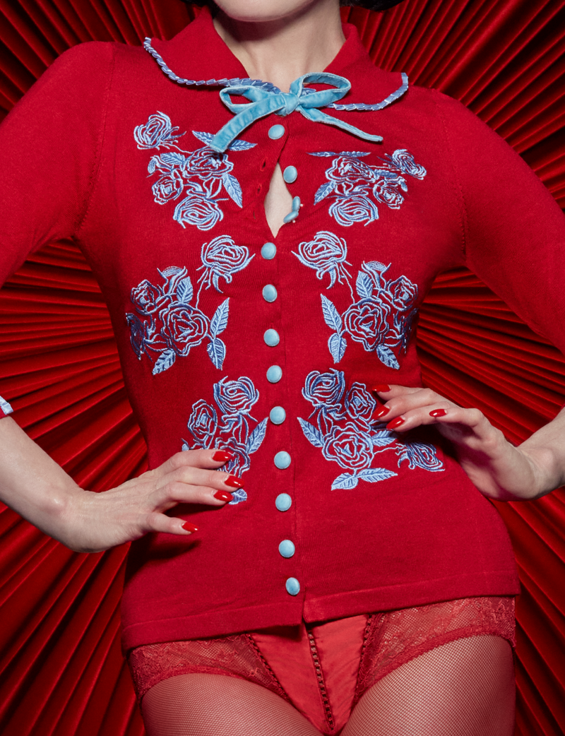 Dita Cardigan Cherry Blue Moon Wheels and Dollbaby