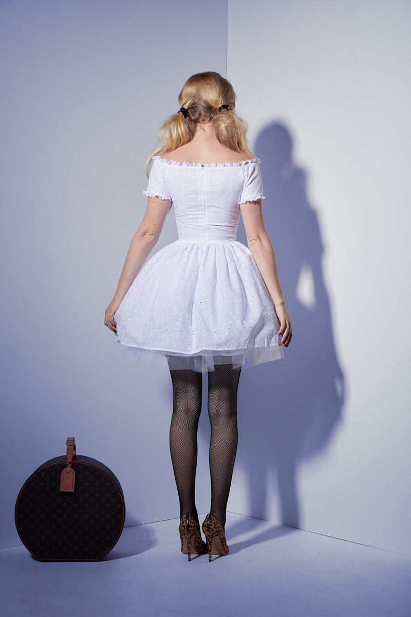 The Broderie Tie Bardot Dress in White
