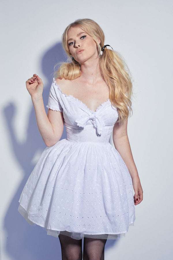 The Broderie Tie Bardot Dress in Whiteh