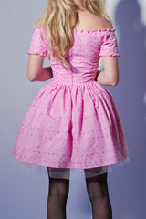 The Broderie Tie Bardot Dress in Pink