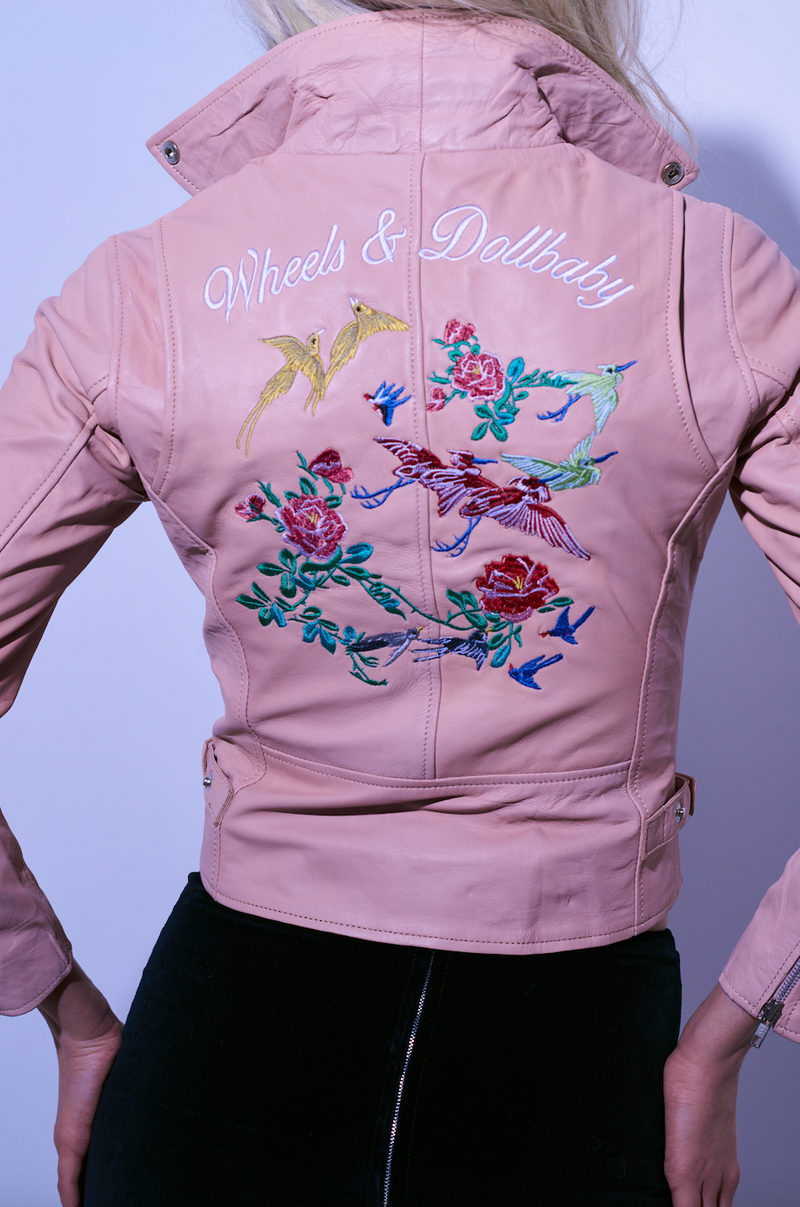 The Chinoiserie Embroidered Leather Jacket in Pink