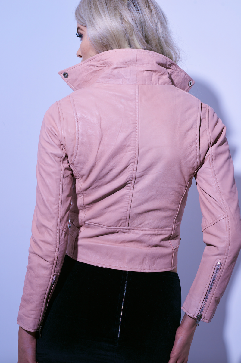The Classic Women's Leather Jacket in Baby Pink