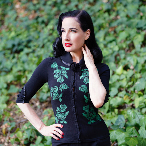 Dita Cardigan - Black with Emerald Embroidery