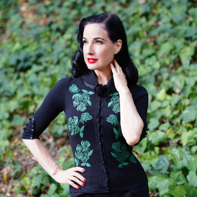 Dita Cardigan - Black with Emerald Embroidery